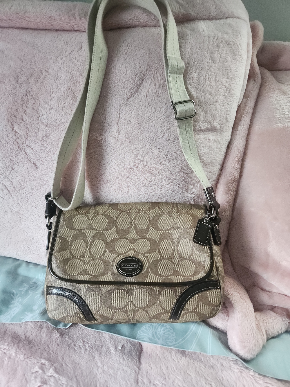 NWT Coach Khaki Signature Canvas Crossbody with Dark Brown Trim